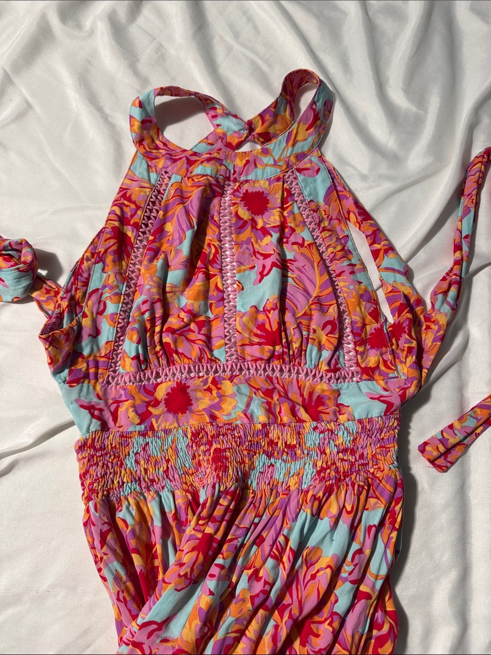 Abel The Label Floral Halter Maxi Dress Large Smocked Waist Boho Tropical Summer - Picture 7 of 10
